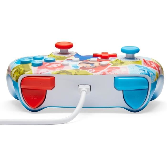 Controlador de juegos colorido con tema de Mario, gatillo rojo y cable USB.