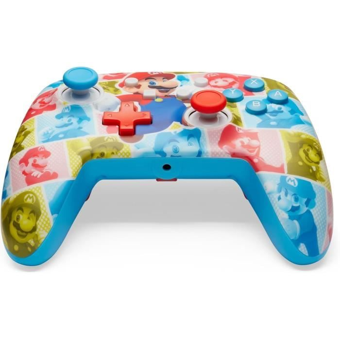 Colorido controlador de videojuegos Super Mario con mangos azules, joysticks rojo y azul, y botones.