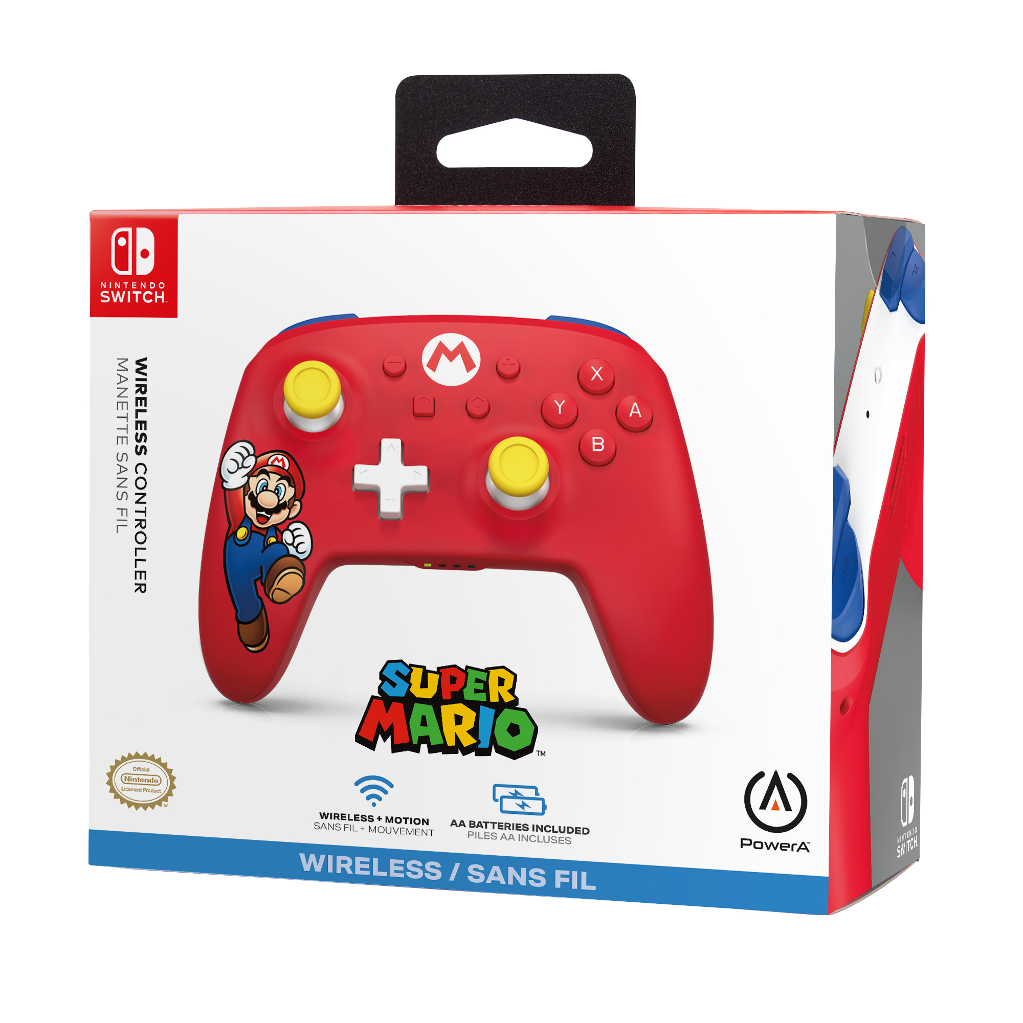 Controller wireless rosso di Super Mario nella confezione per Nintendo Switch.