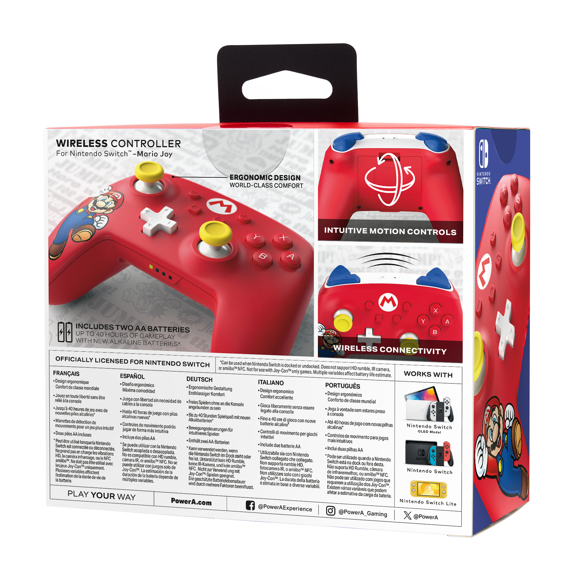 Retro della confezione di un controller wireless PowerA rosso e blu con grafiche di Mario e dettagli.