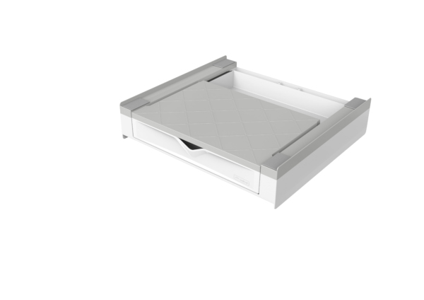 Un organizador modular blanco y gris para debajo del escritorio con cajón integrado y patrón de rombos.