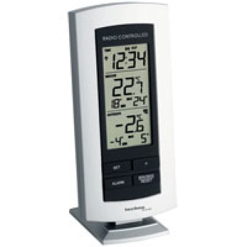 Ein weißer, digitaler Wetterfunkwecker mit LCD-Bildschirm und vier schwarzen Tasten.
