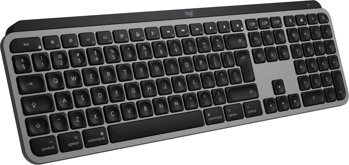 Una tastiera wireless Logitech nera e grigia con tasti arrotondati su sfondo bianco.
