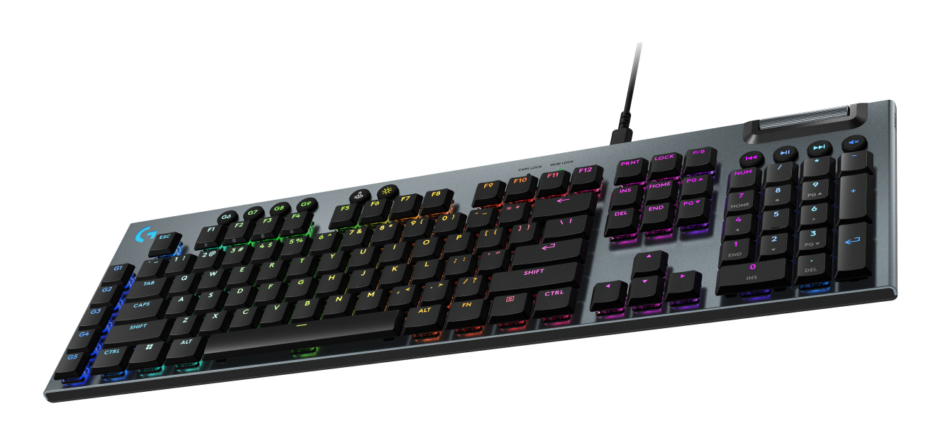 A black mechanical gaming keyboard with colorful RGB backlighting, macro keys on the left, and a sleek metal body.