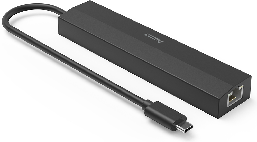 A black USB-C hub with a connected cable and an Ethernet port on the end, viewed from a high angle.
