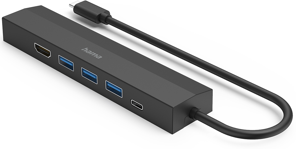 A gray Hama USB-C hub with multiple ports, including HDMI and USB, lies on a white background.
