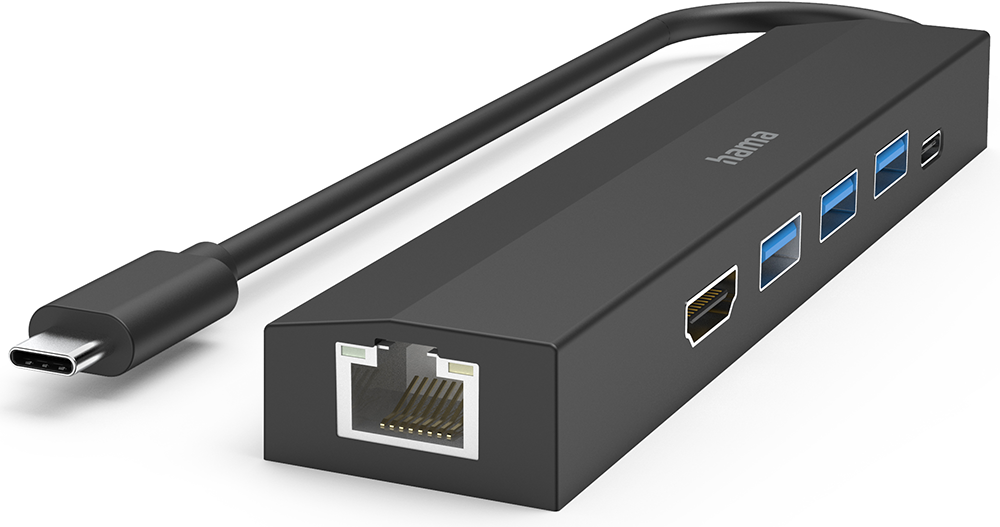 A black USB-C hub with Ethernet, HDMI, USB, and USB-C ports on a white background.