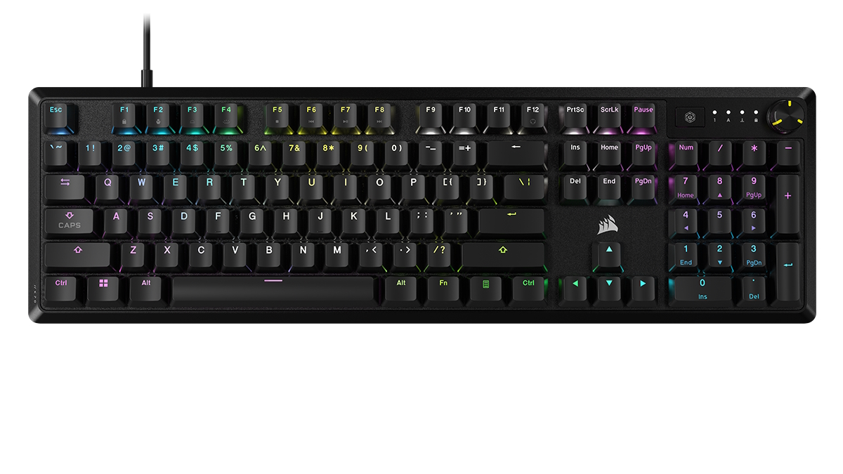 Schwarze mechanische Gaming-Tastatur mit anpassbarer RGB-Hintergrundbeleuchtung.
