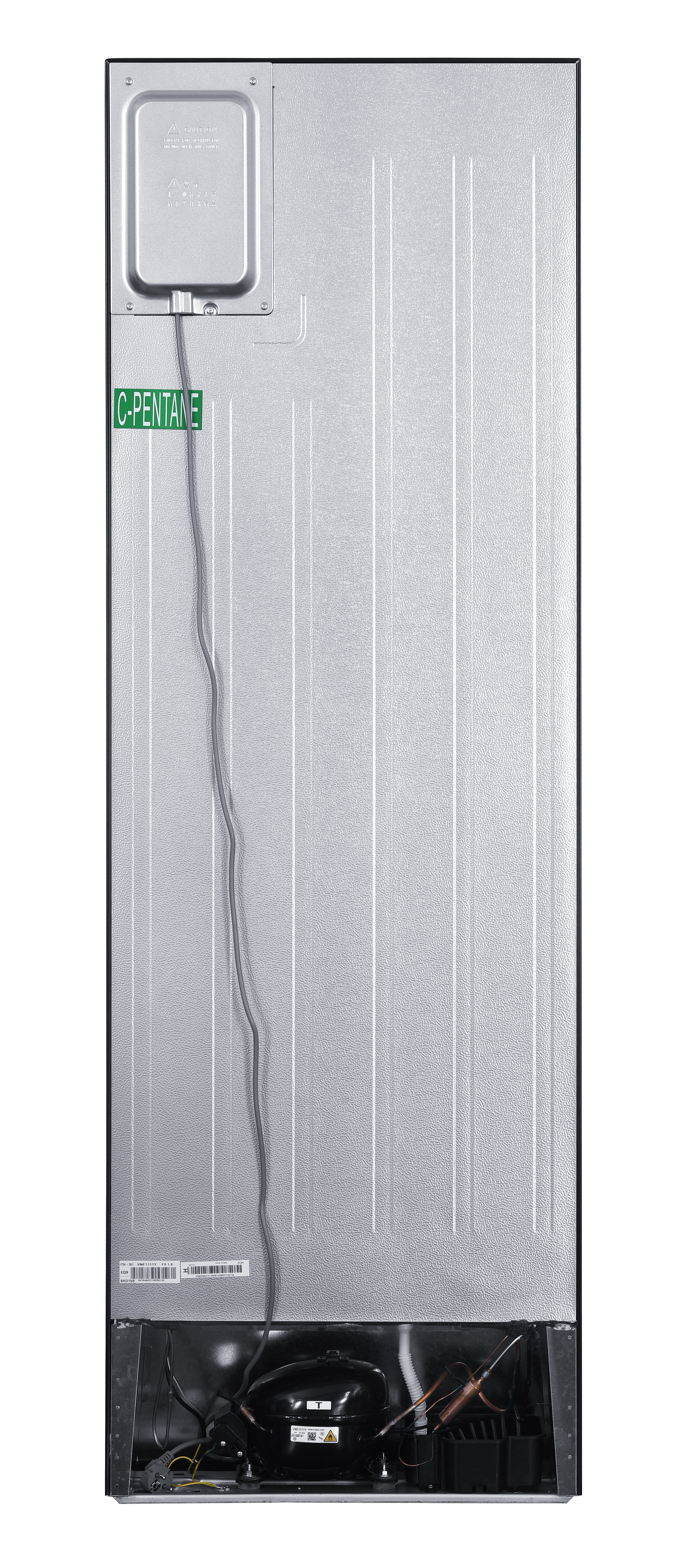 Back of a refrigerator with a silver metal panel, a compressor, and a hanging power cable.