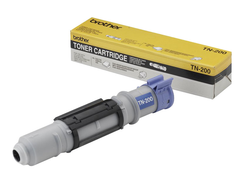 Cartucho de tóner Brother TN-200 en gris y azul con su caja amarilla y blanca sobre fondo blanco.