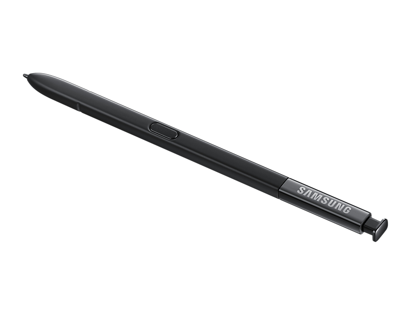 Ein schwarzer Samsung S Pen liegt schräg auf weißem Hintergrund.