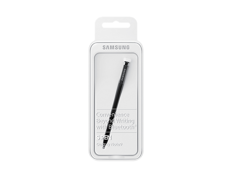Ein schwarzer Samsung Galaxy Note9 S Pen in seiner weißen Originalverpackung auf weißem Hintergrund.