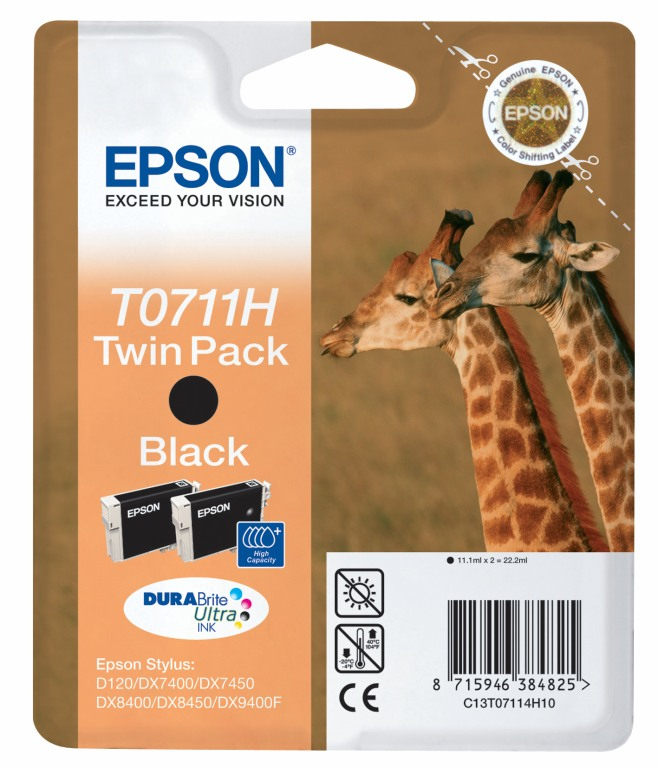 Empaque de cartuchos de tinta Epson T0711H Black Twin Pack con dos jirafas y un código de barras.