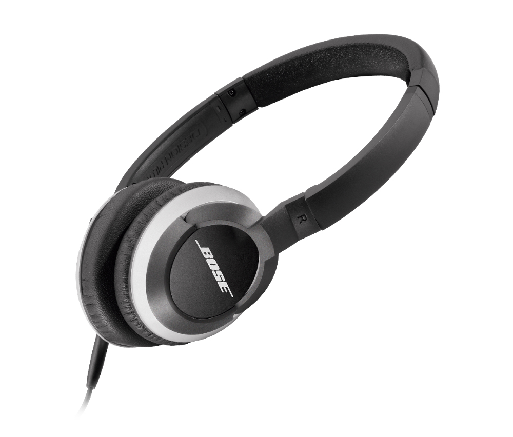 Schwarze On-Ear-Kopfhörer von Bose mit silbernen Akzenten und Kabel auf weißem Hintergrund.