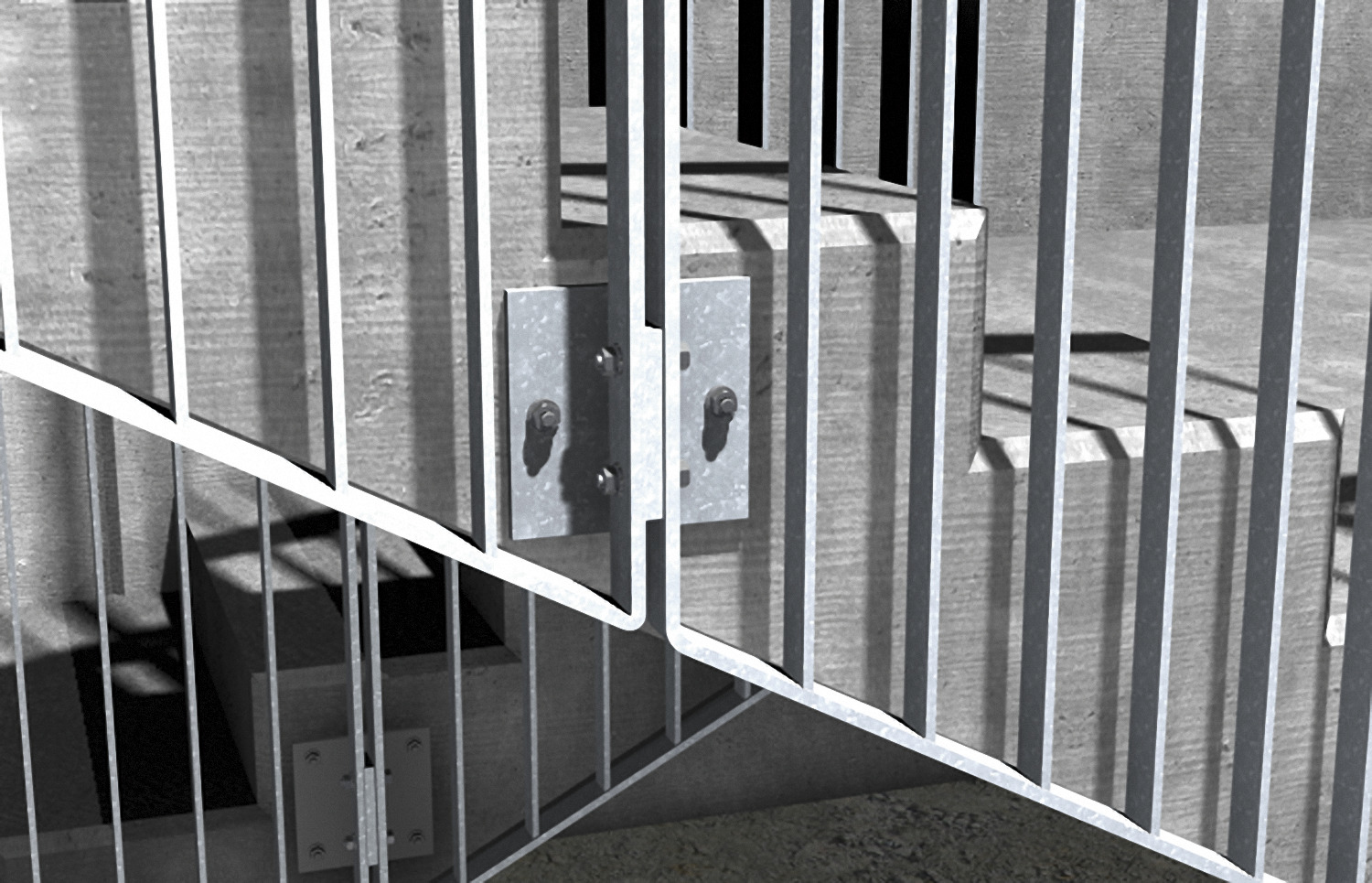 Metallgeländer montiert an Betontreppen mit sichtbaren Schrauben und Halterungen.