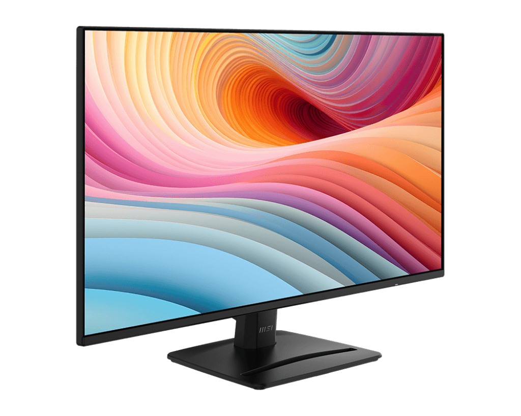 Un monitor negro muestra un fondo colorido en forma de onda en la pantalla.