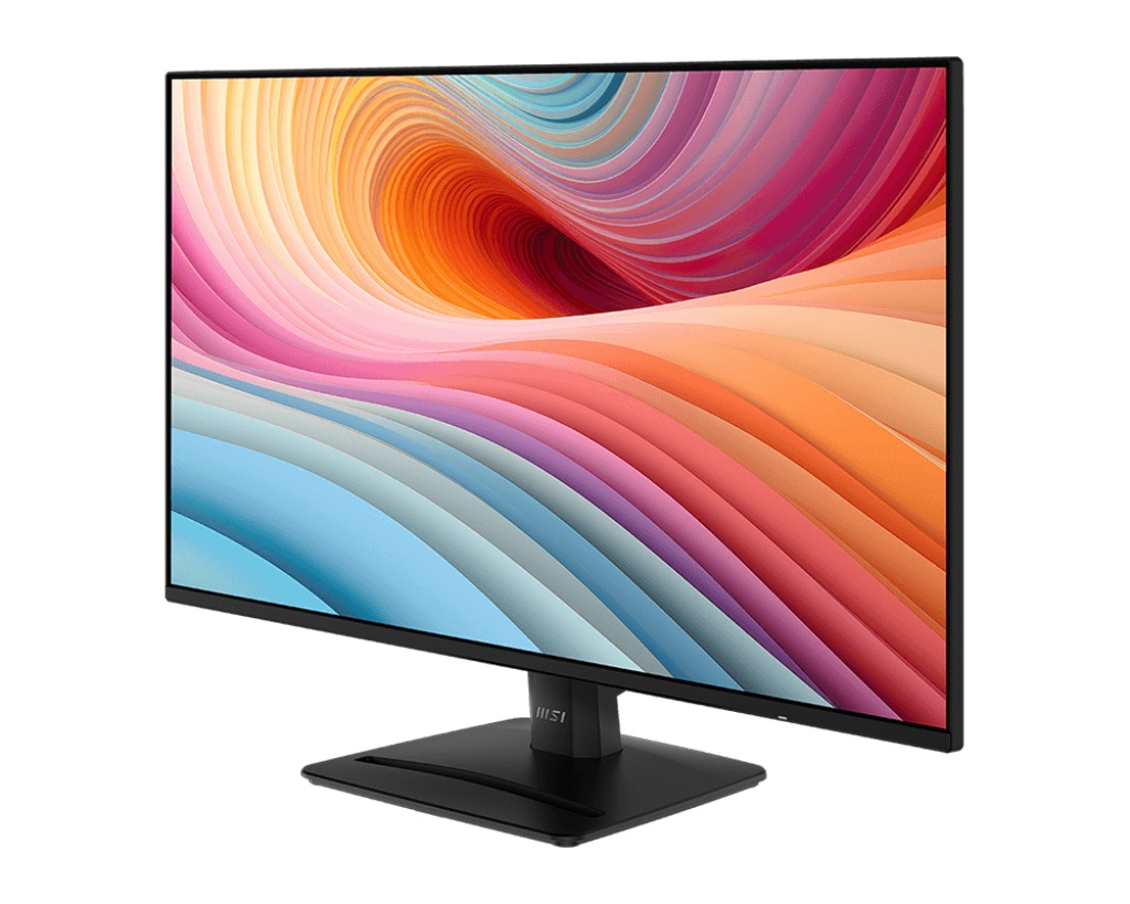 Un monitor MSI negro con un fondo abstracto colorido y ondulado en la pantalla.