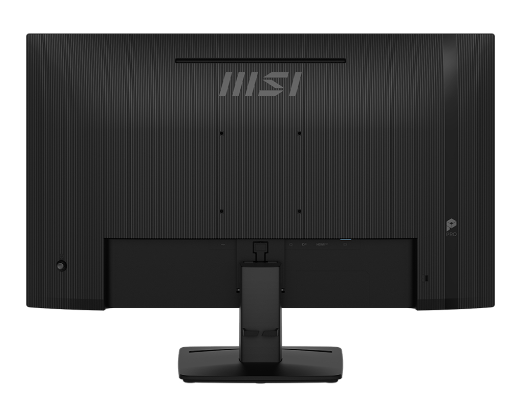 Parte trasera de un monitor de ordenador negro MSI Pro con soporte.