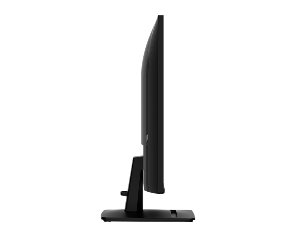 Perfil lateral de un monitor de computadora negro en un soporte sobre fondo blanco.