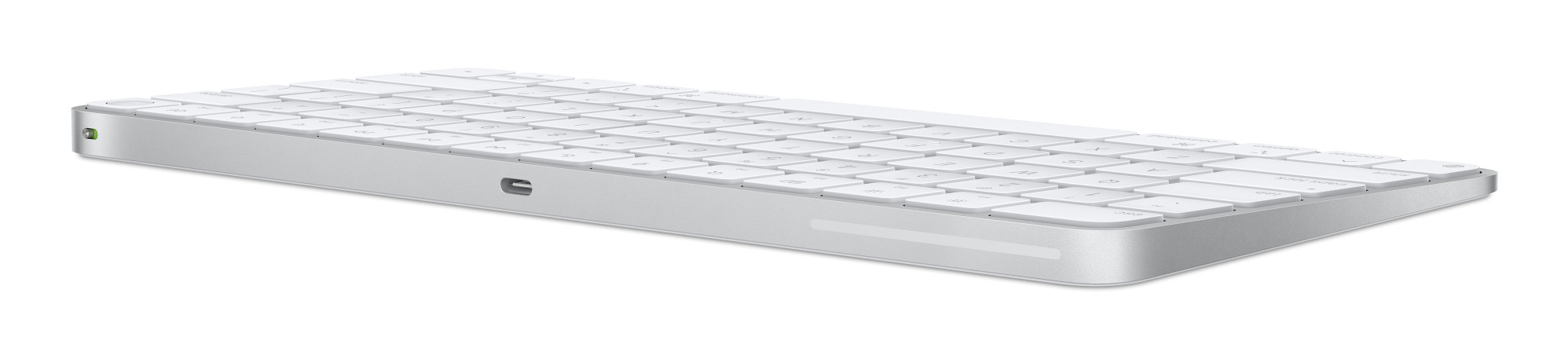 Un'elegante tastiera wireless bianca su sfondo bianco, vista di lato.