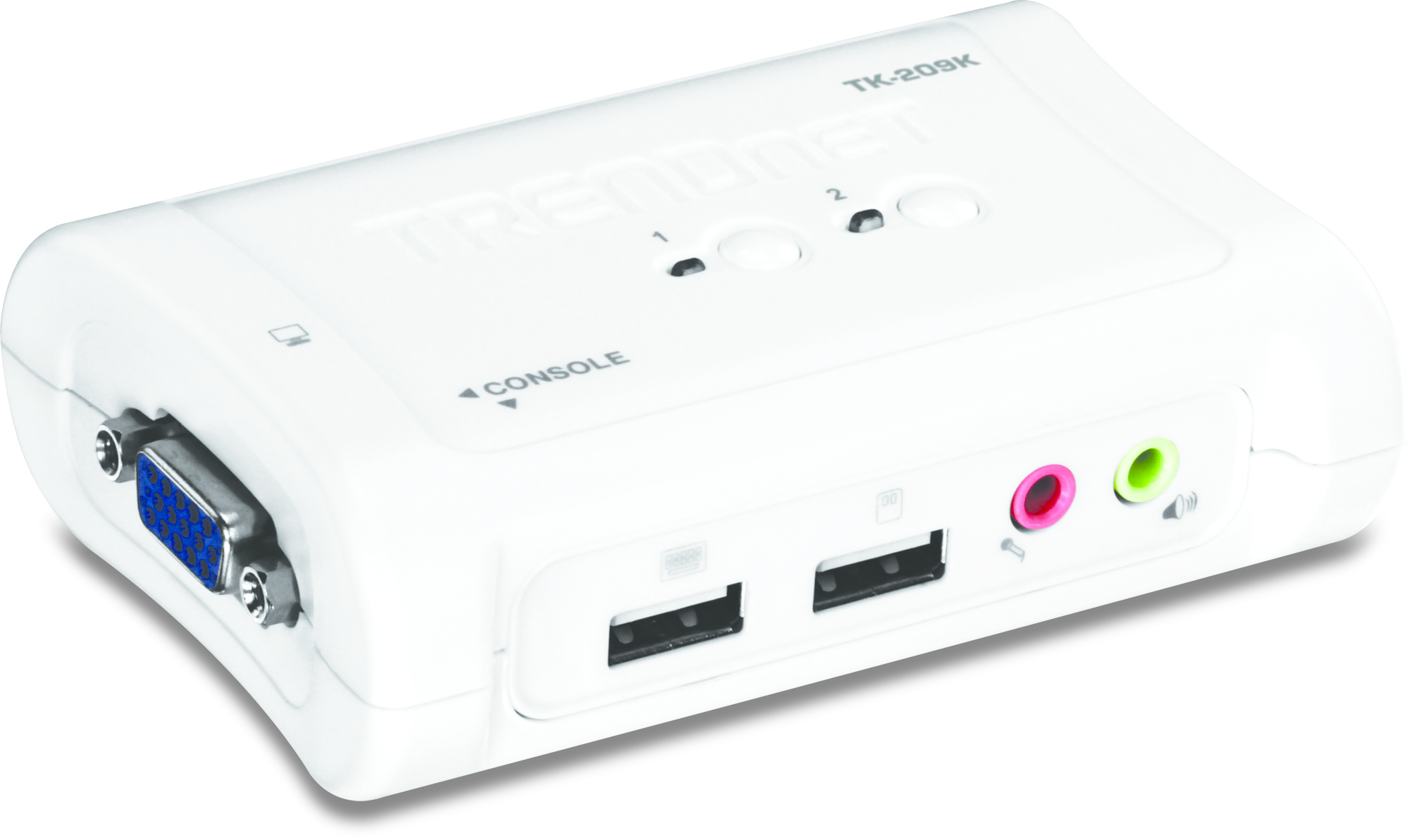 Una caja conmutadora KVM Trendnet blanca con puerto VGA, puertos USB, conectores de audio y dos botones.