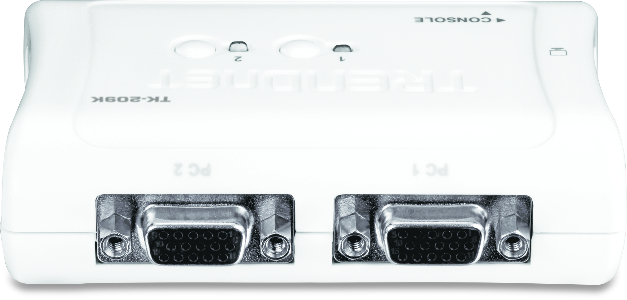 Un conmutador KVM Trendnet TK-209K blanco con dos puertos VGA etiquetados como PC 1 y PC 2.
