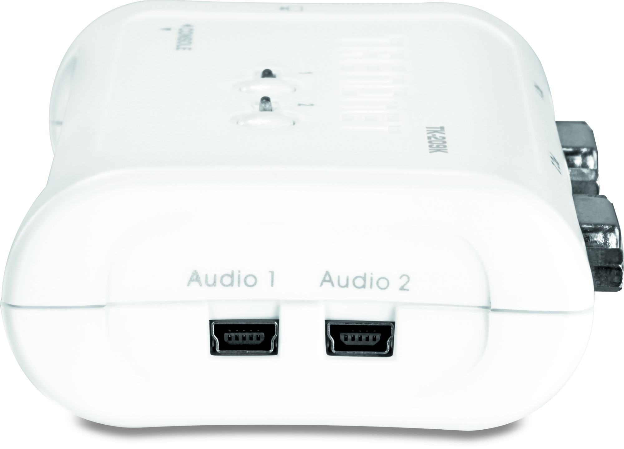 Un conmutador KVM blanco con dos puertos de audio visibles en la parte delantera.