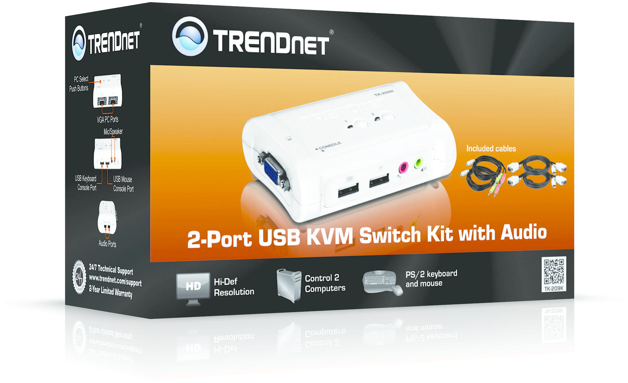 Caja del kit conmutador KVM USB de 2 puertos Trendnet con dispositivo blanco y cables sobre fondo naranja y negro.