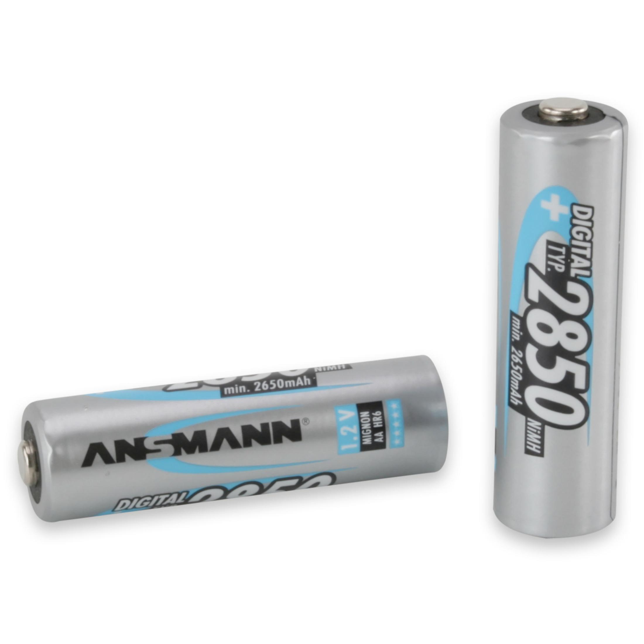 Two silver Ansmann NiMH AA rechargeable batteries with blue and black text lie on a white background.