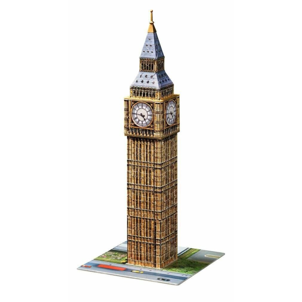 Ein detailliertes Modell des Big Ben Turms steht auf einer bebilderten Basis.