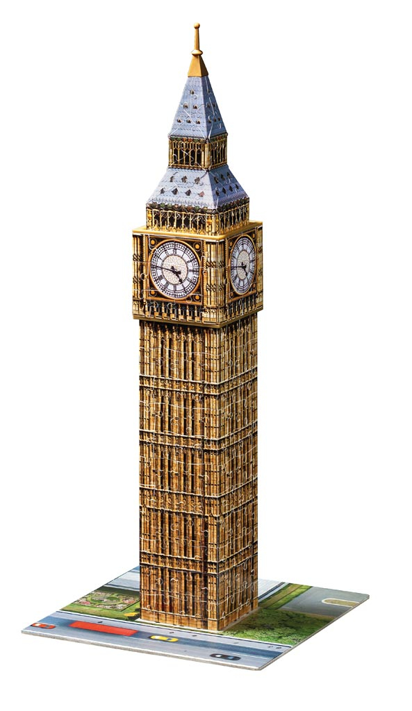 Ein 3D-Puzzle des Big Ben Turms steht auf einer rechteckigen Basis mit Straßen und Autos.