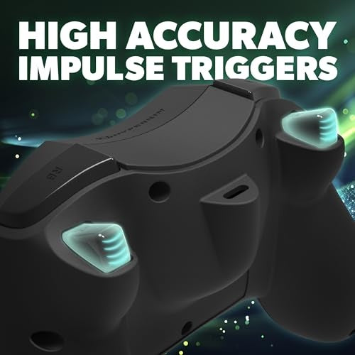 Un controlador de juegos negro con gatillos de impulso brillantes sobre un fondo oscuro.