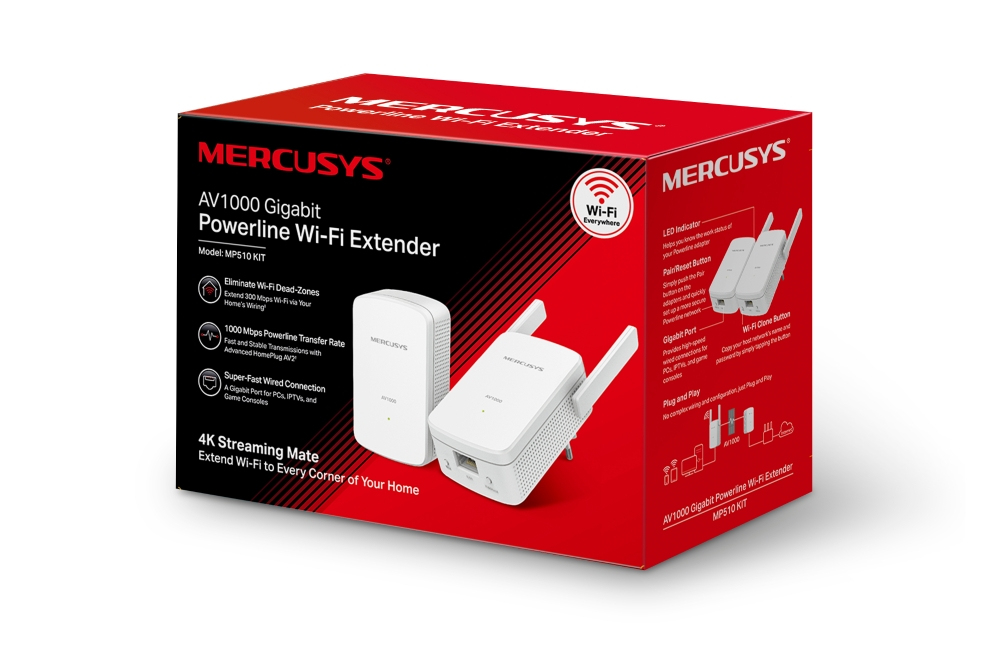 Caja de producto para un extensor Wi-Fi Powerline Gigabit Mercusys AV1000 blanco sobre un fondo rojo y negro.