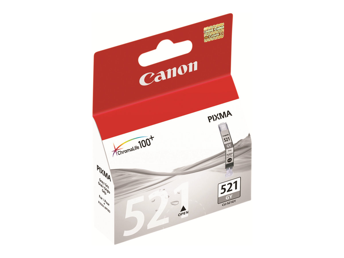 Una caja de embalaje de Tinta gris Canon PIXMA 521 sobre fondo blanco.