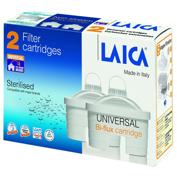 Eine blau-weiße Schachtel mit zwei Laica Universal Bi-flux Filterkartuschen.