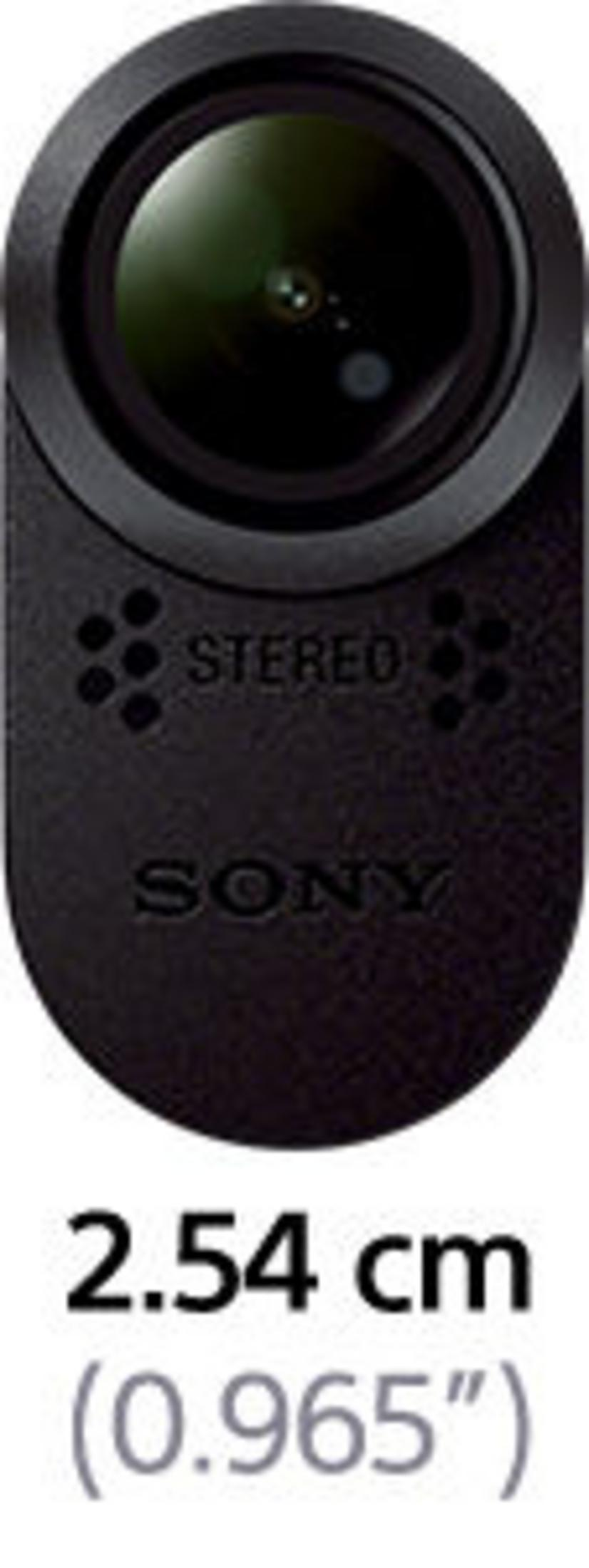 Schwarze Sony Stereo Kamera mit Fischauge und Maßen von 2.54 cm darunter.