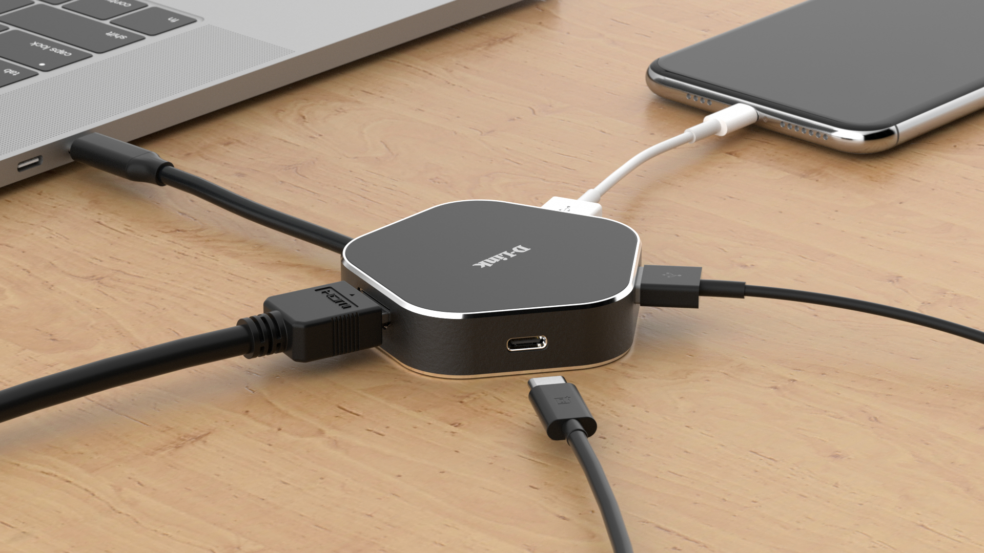 Ein schwarzer D-Link USB-Hub mit mehreren angeschlossenen Kabeln auf einem Holztisch, neben Laptop und Smartphone.