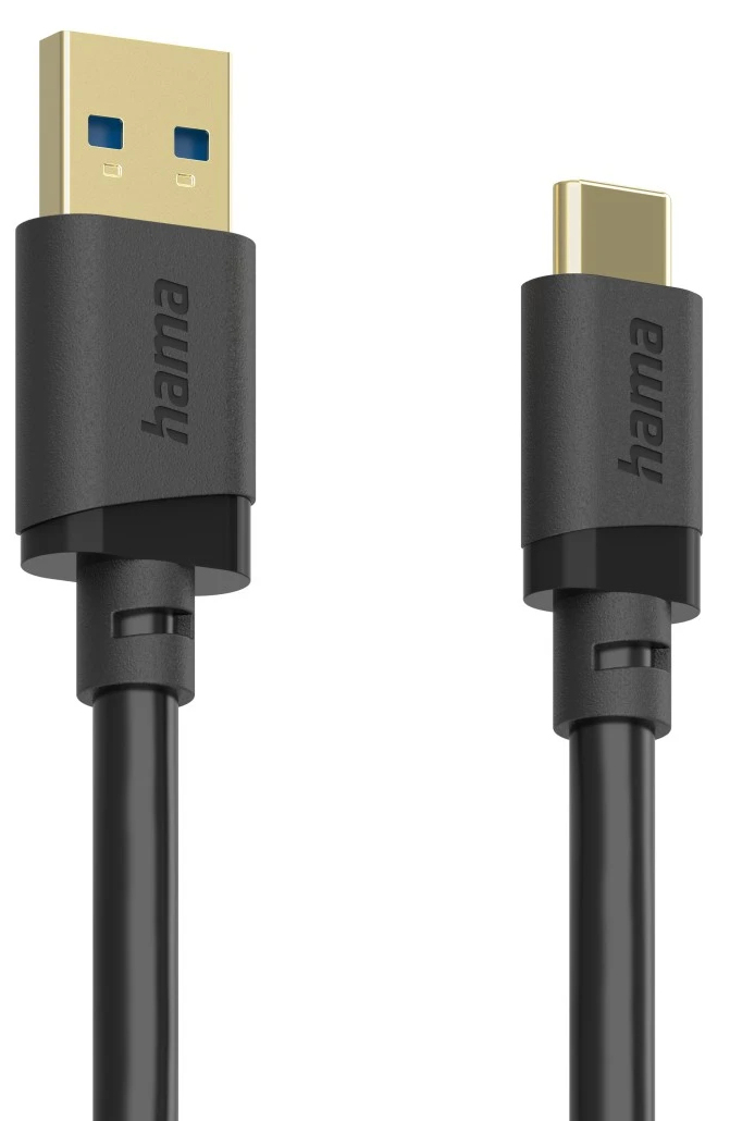 Un cavo nero Hama con un connettore USB-A a sinistra e un connettore USB-C a destra su sfondo bianco.