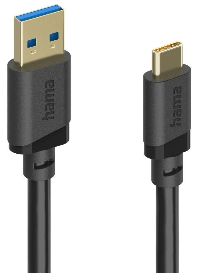 Un cavo USB Hama nero con un connettore USB-A a sinistra e un connettore USB-C a destra.