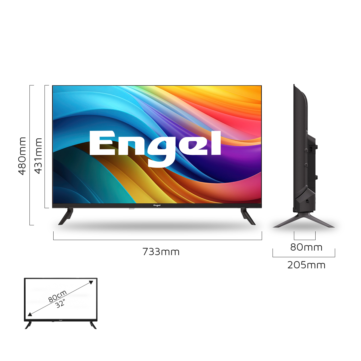 Televisor Engel con dimensiones: 733mm de ancho, 480mm de alto, 205mm de profundidad y pantalla de 80cm o 32 pulgadas.