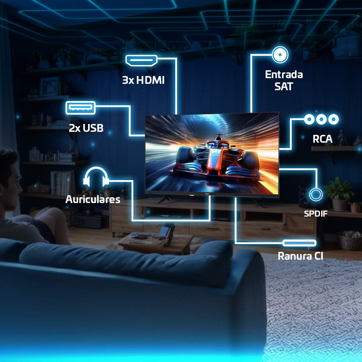 Un televisor muestra un coche de carreras, con líneas brillantes que señalan varias conexiones de puertos.