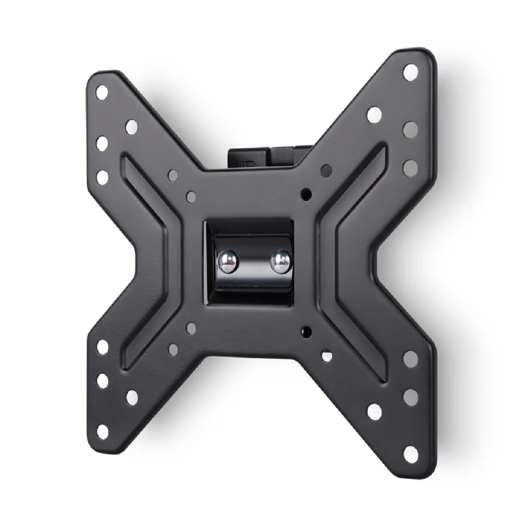 Soporte de pared negro de metal para TV con muchos agujeros para tornillos sobre fondo blanco.