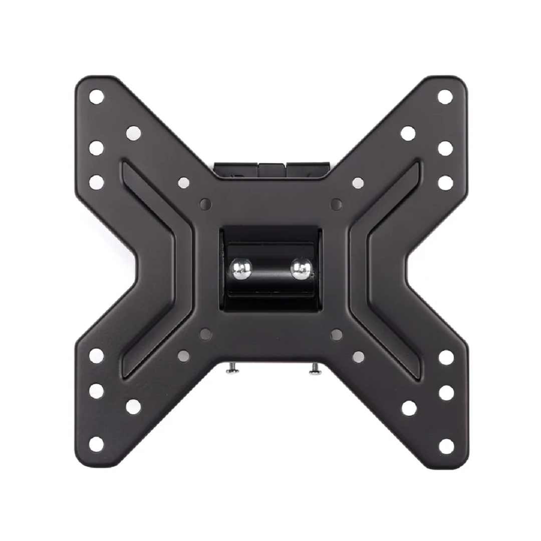 Soporte de pared para TV negro con diseño en forma de X y agujeros pretaladrados.