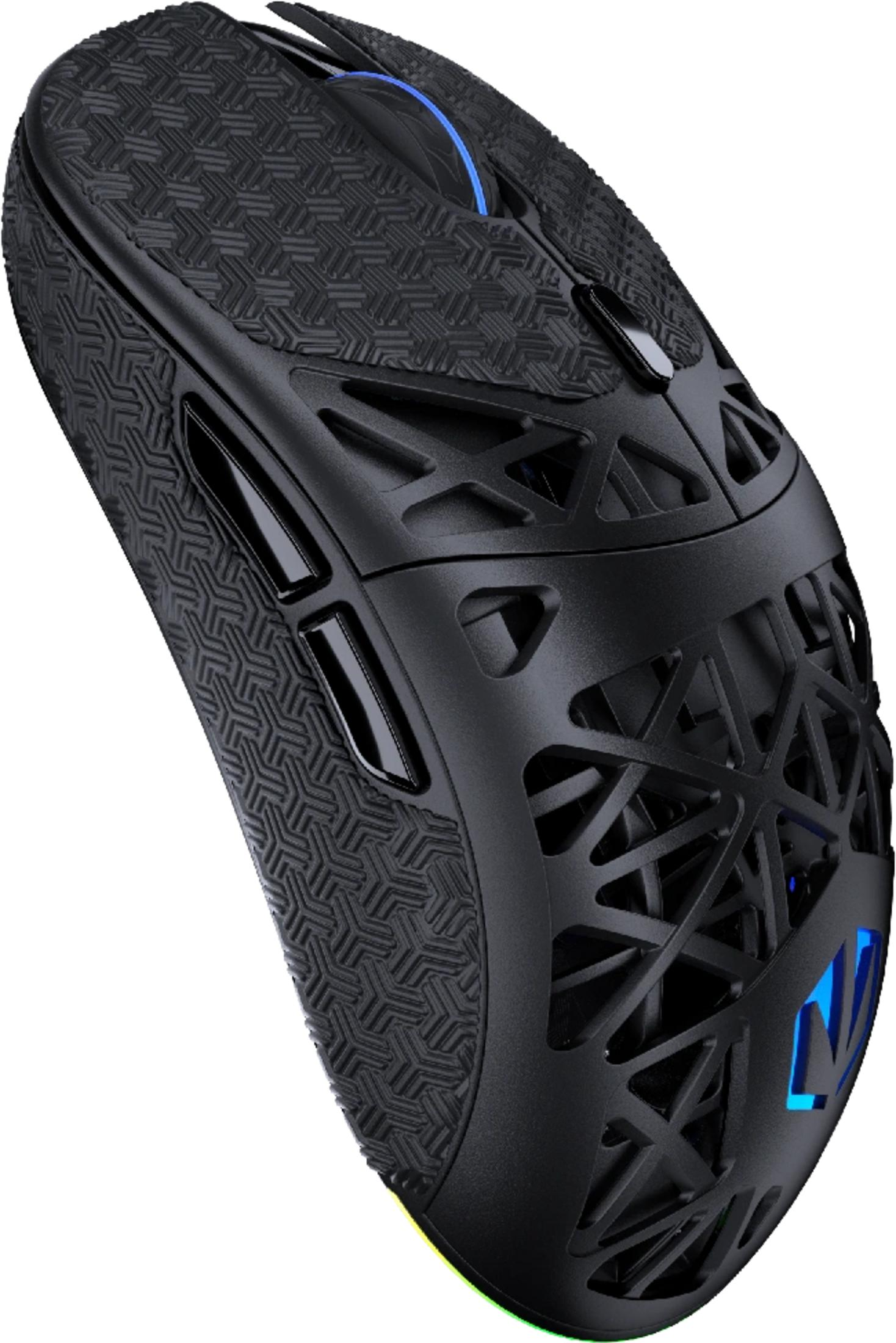 Mouse da gioco nero con motivo a nido d'ape, dettagli blu e pulsanti laterali.