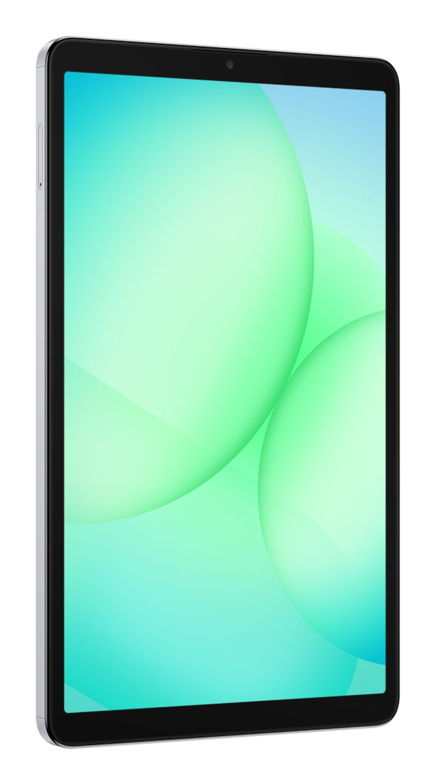 Ein nach links geneigtes silbernes Tablet mit grün-blauem Hintergrundbild.