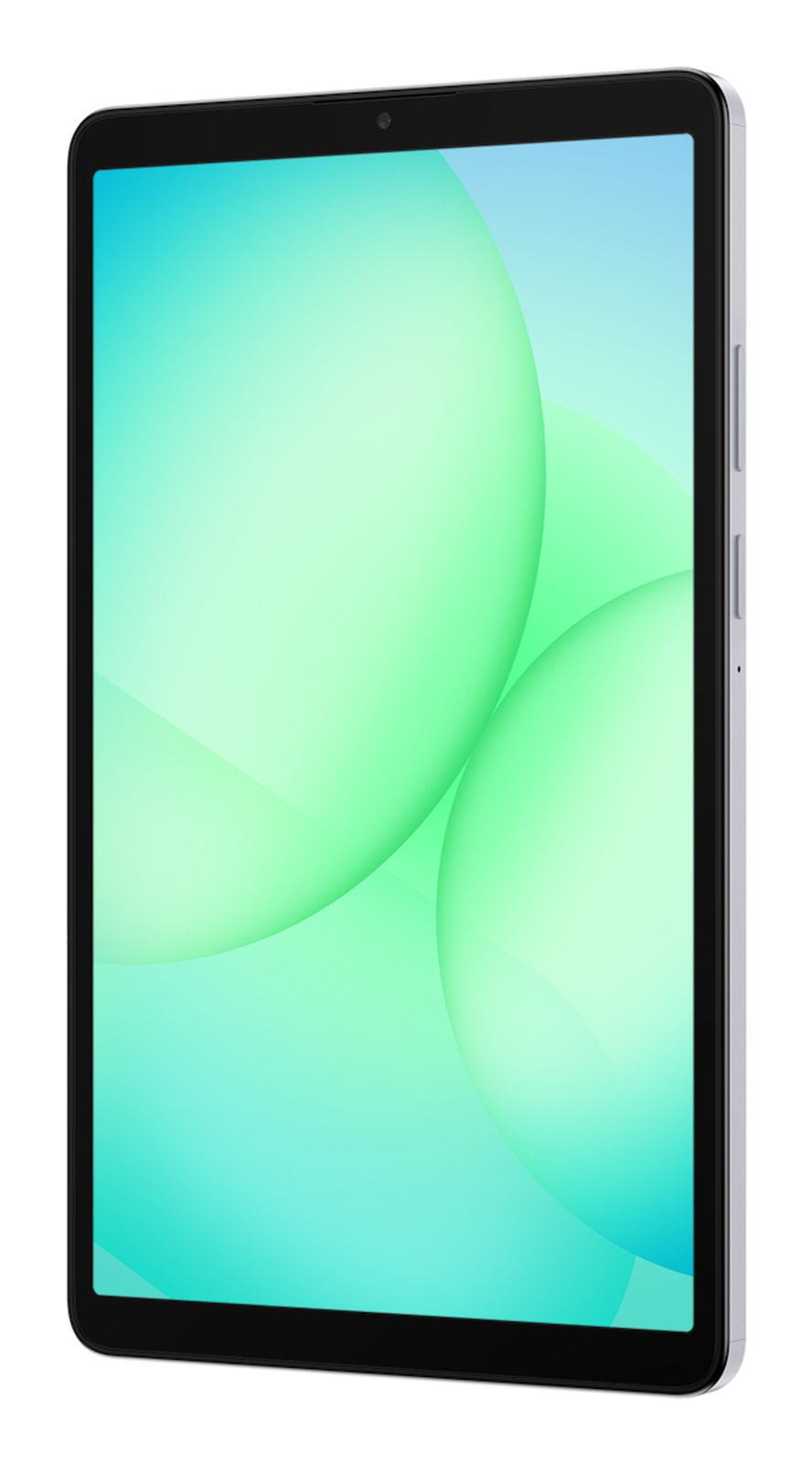 Ein elegantes weißes Tablet mit hellgrünem und blauem abstrakten Hintergrund, aufrecht auf weißem Hintergrund.