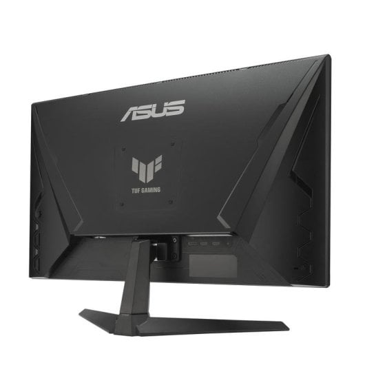 Rear view of a black Asus TUF Gaming monitor on a stand against a white background.