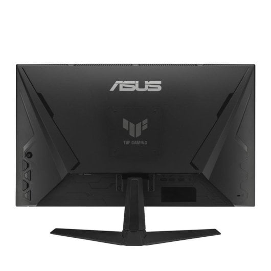Rear view of a black ASUS TUF gaming monitor with stand on a white background.