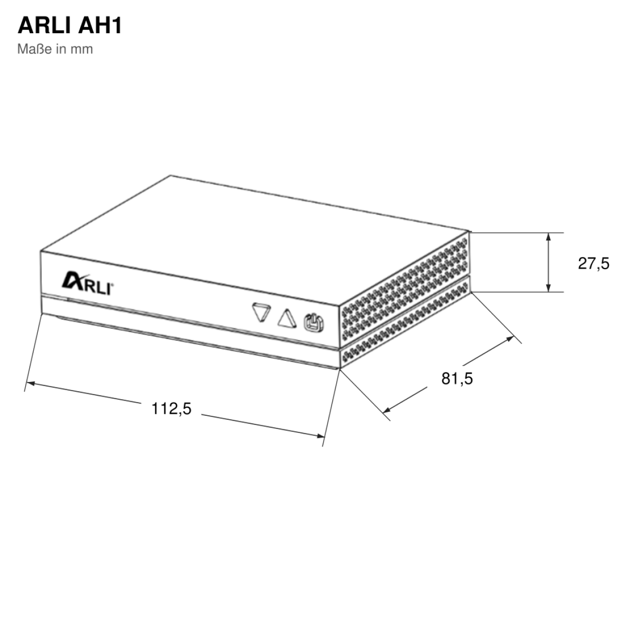 Technische Zeichnung des ARLI AH1 Geräts mit Abmessungen in Millimetern: 112,5 x 81,5 x 27,5.