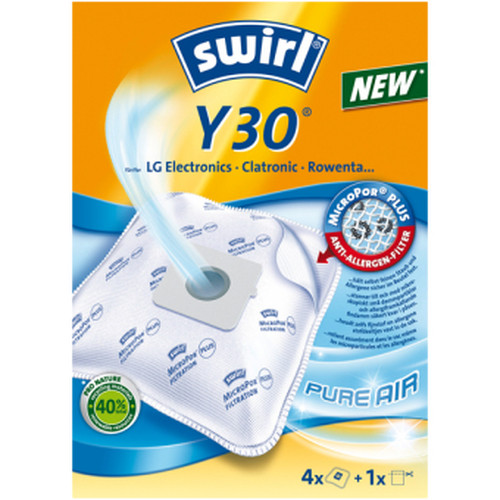Embalaje de bolsa de aspiradora Swirl Y30 con filtro antialérgico y remolino azul.
